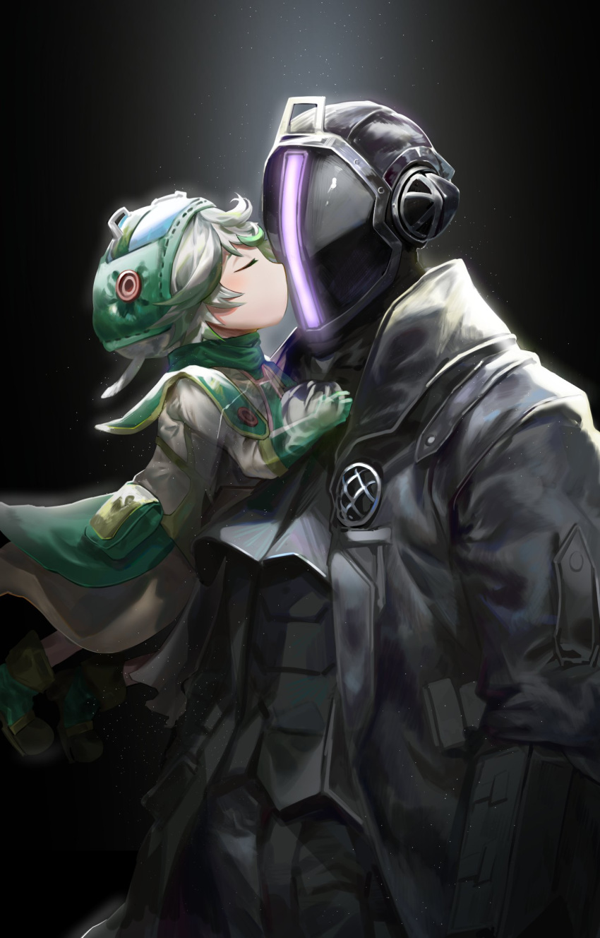 1boy 1girl bangs black_background black_gloves black_suit blush bondrewd closed_eyes coat cowboy_shot dark_background father_and_daughter formal from_side gloves glowing green_headwear helm helmet highres isshiki_(1sshiki) jacket kiss kissing_cheek light_particles long_sleeves made_in_abyss overcoat prushka short_hair suit