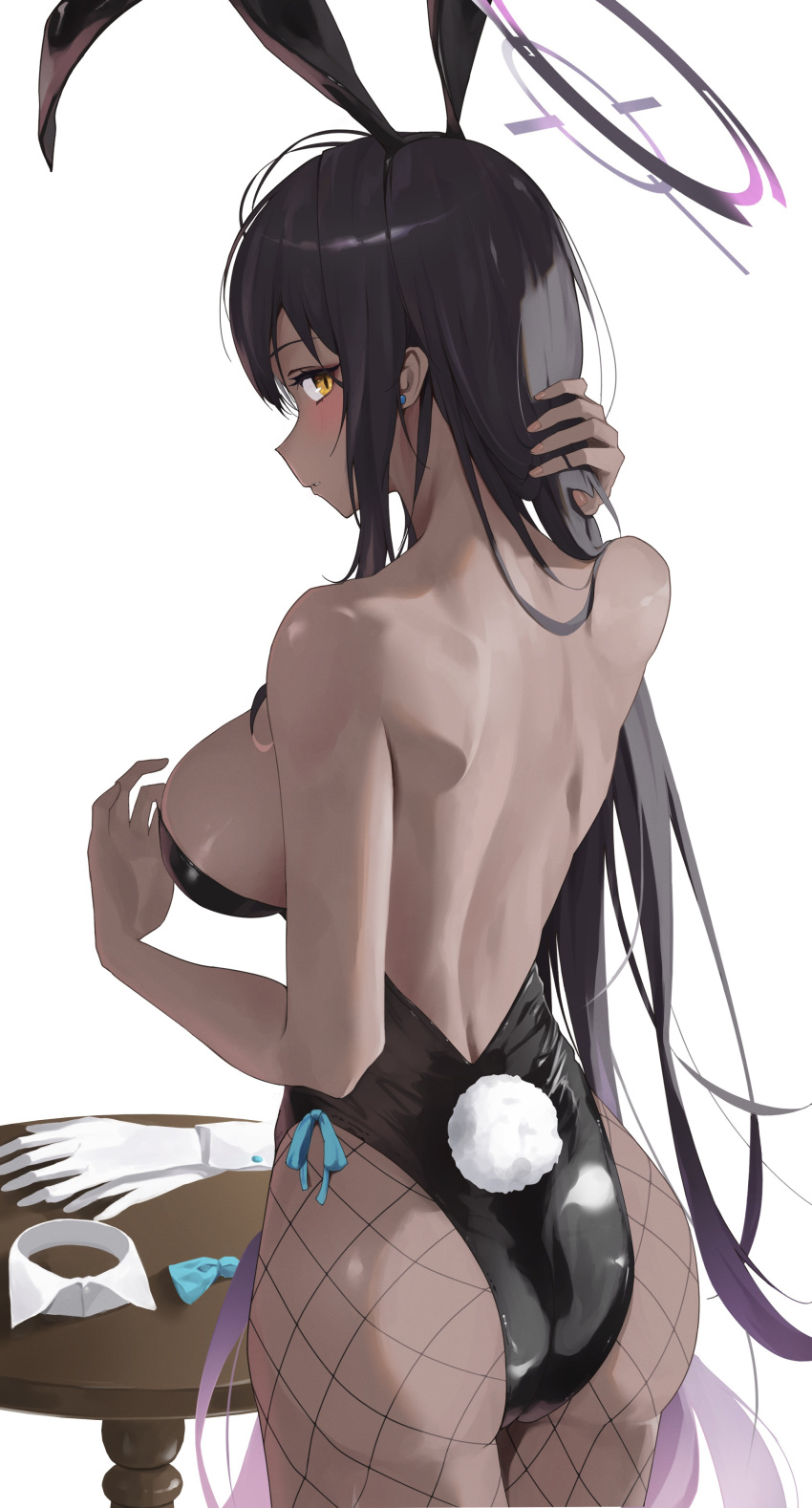 1girl absurdres animal_ears ass backless_leotard bangs black_hair black_leotard blue_archive blush breasts cowboy_shot detached_collar_removed fake_animal_ears fishnet_pantyhose fishnets from_behind gloves gloves_removed halo highres karin_(blue_archive) karin_(bunny)_(blue_archive) kingudejii large_breasts leotard long_hair looking_back official_alternate_costume pantyhose rabbit_ears round_table solo standing strapless strapless_leotard table very_long_hair white_background wooden_table yellow_eyes