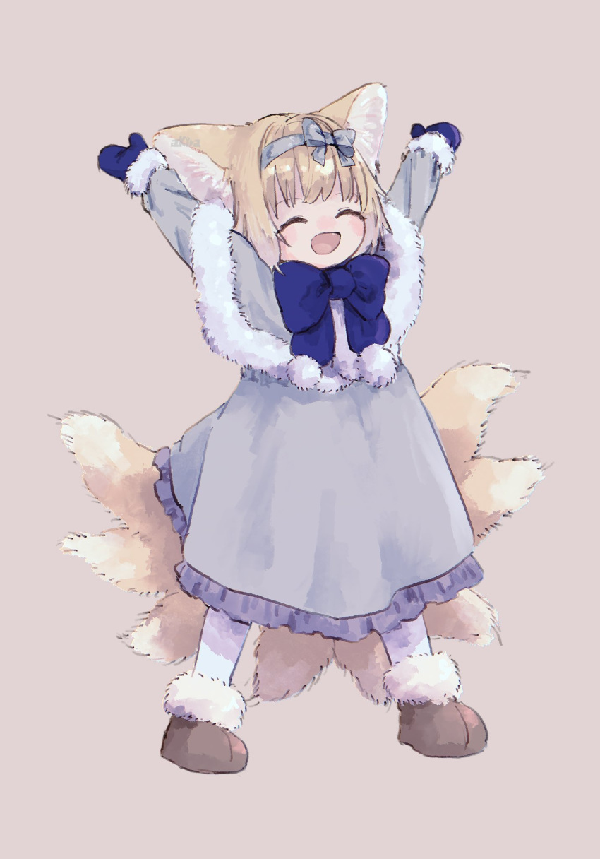 1girl :d ^_^ animal_ear_fluff animal_ears arknights arms_up bangs blonde_hair blue_bow blue_mittens bow brown_background brown_footwear capelet closed_eyes dress facing_viewer fox_ears fox_girl fox_tail frilled_dress frills full_body fur-trimmed_capelet fur-trimmed_sleeves fur_trim grey_capelet grey_dress happy highres kitsune long_sleeves mittens niwatori_(akira_207) pantyhose simple_background smile solo suzuran_(arknights) tail white_pantyhose