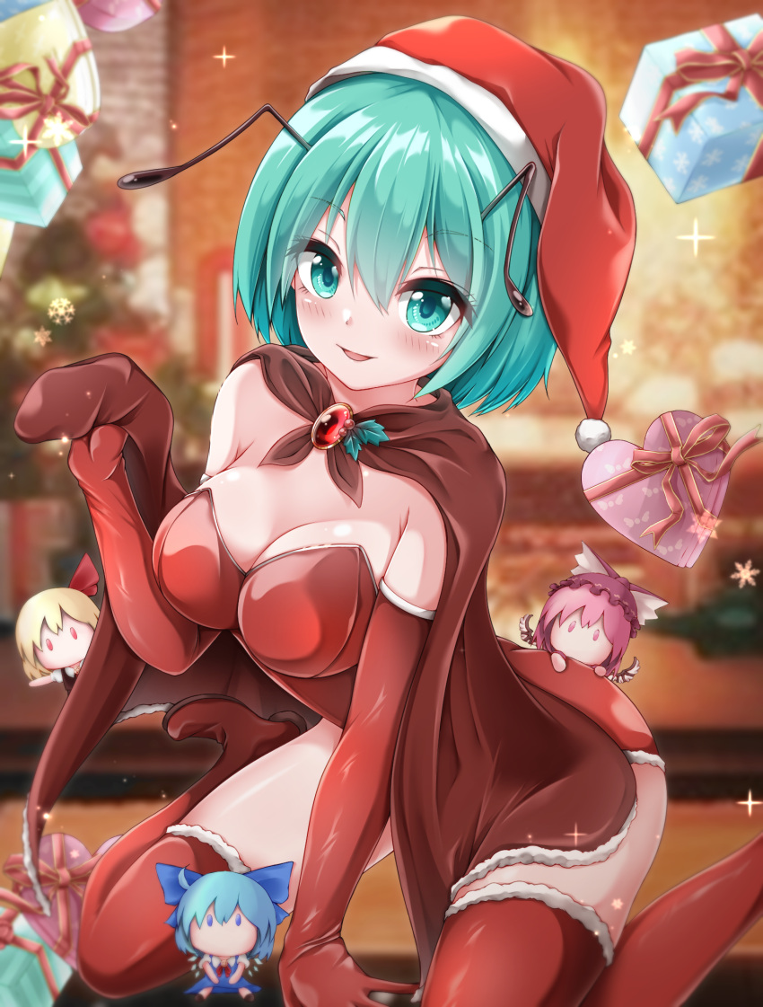 4girls alternate_costume antennae blonde_hair blue_eyes blue_hair blurry blurry_background blush box breasts christmas_tree cirno cleavage elbow_gloves gift gift_box gloves green_eyes green_hair hair_between_eyes hat heart-shaped_box highres large_breasts leotard muki_(munikichan) multiple_girls mystia_lorelei open_mouth pink_eyes pink_hair pom_pom_(clothes) red_eyes red_gloves red_headwear red_leotard red_thighhighs rumia santa_hat short_hair smile strapless strapless_leotard team_9 thighhighs touhou wriggle_nightbug