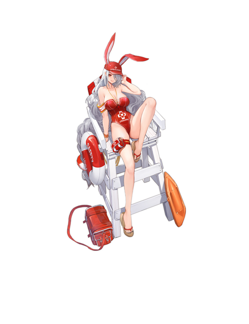 1girl absurdly_long_hair animal_ears azur_lane bare_shoulders baseball_cap beach_umbrella breasts character_name cleavage collarbone dishwasher1910 doughnut_innertube fake_animal_ears feet flip-flops full_body grey_hair hair_over_one_eye hat highleg highleg_swimsuit highres large_breasts leg_up legs lifebuoy lifeguard lifeguard_chair long_hair looking_at_viewer mole mole_on_body mole_under_eye nail_polish official_alternate_costume official_art one-piece_swimsuit one_eye_covered prinz_heinrich_(azur_lane) prinz_heinrich_(rabbit_on_watch)_(azur_lane) promotional_art red_eyes red_headwear red_one-piece_swimsuit sandals solo strapless strapless_swimsuit sunglasses swimsuit thigh_pouch toenail_polish toenails toes transparent_background umbrella very_long_hair water whistle whistle_around_neck white_hair