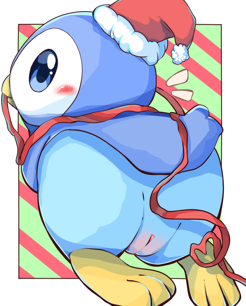 avian beak blue_body blue_eyes butt christmas christmas_clothing christmas_headwear clothing female generation_4_pokemon genitals hat headgear headwear hi_res holidays kaiburu looking_at_viewer nintendo piplup pokemon pokemon_(species) pussy ribbons santa_hat solo