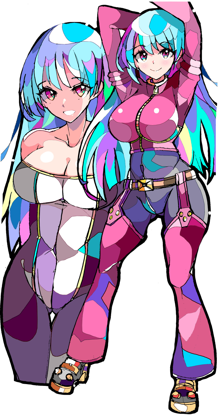 1girl absurdres belt breasts cleavage covered_navel enpe full_body high_heels highres kula_diamond large_breasts long_hair looking_at_viewer multicolored_clothes multicolored_eyes multicolored_hair nintendo open_mouth simple_background skin_tight smile snk solo the_king_of_fighters white_background