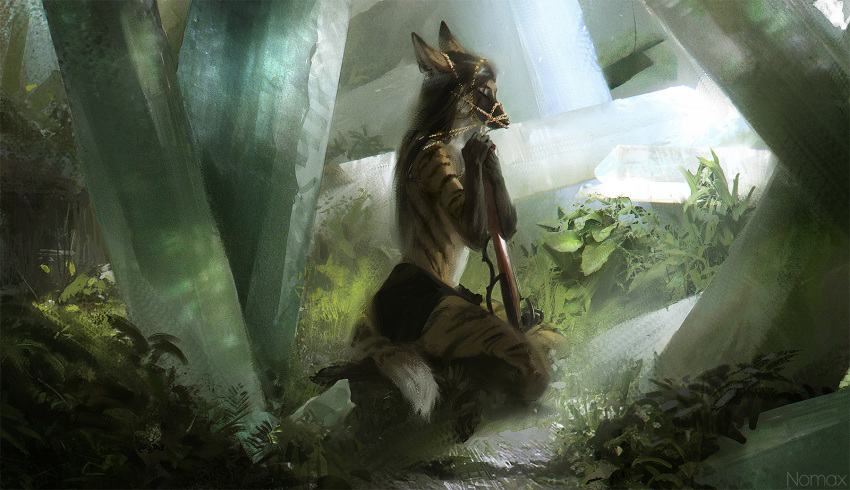 2022 anthro canid canine day detailed_background digital_media_(artwork) eyebrows eyelashes eyes_closed female fingers fur grass hair hi_res mammal maned_wolf nomax outside plant sitting solo