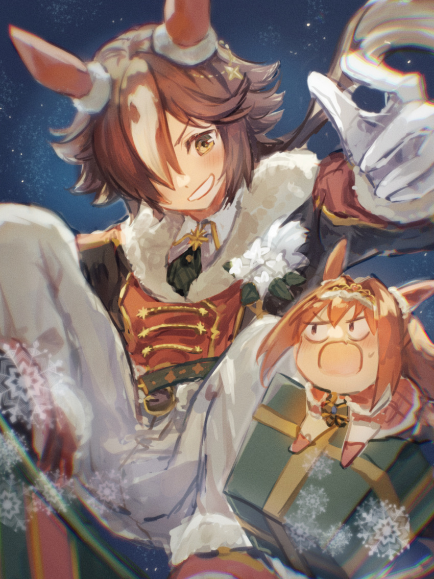 2girls animal_ears box brown_hair christmas daiwa_scarlet_(scarlet_nuit_etoile)_(umamusume) daiwa_scarlet_(umamusume) dress ear_covers fur-trimmed_jacket fur_trim gift gift_box gloves hair_intakes hair_over_one_eye hat highres holding holding_staff horse_ears horse_girl horse_tail illuminate_the_heart_(umamusume) jacket multiple_girls official_alternate_costume open_mouth pants red_dress red_eyes red_hair red_jacket santa_hat smirk staff tail tiara umamusume vodka_(nonfreezing_aqua_vitae)_(umamusume) vodka_(umamusume) white_gloves white_pants yellow_eyes yoshiaki_(yosiaki_ml)