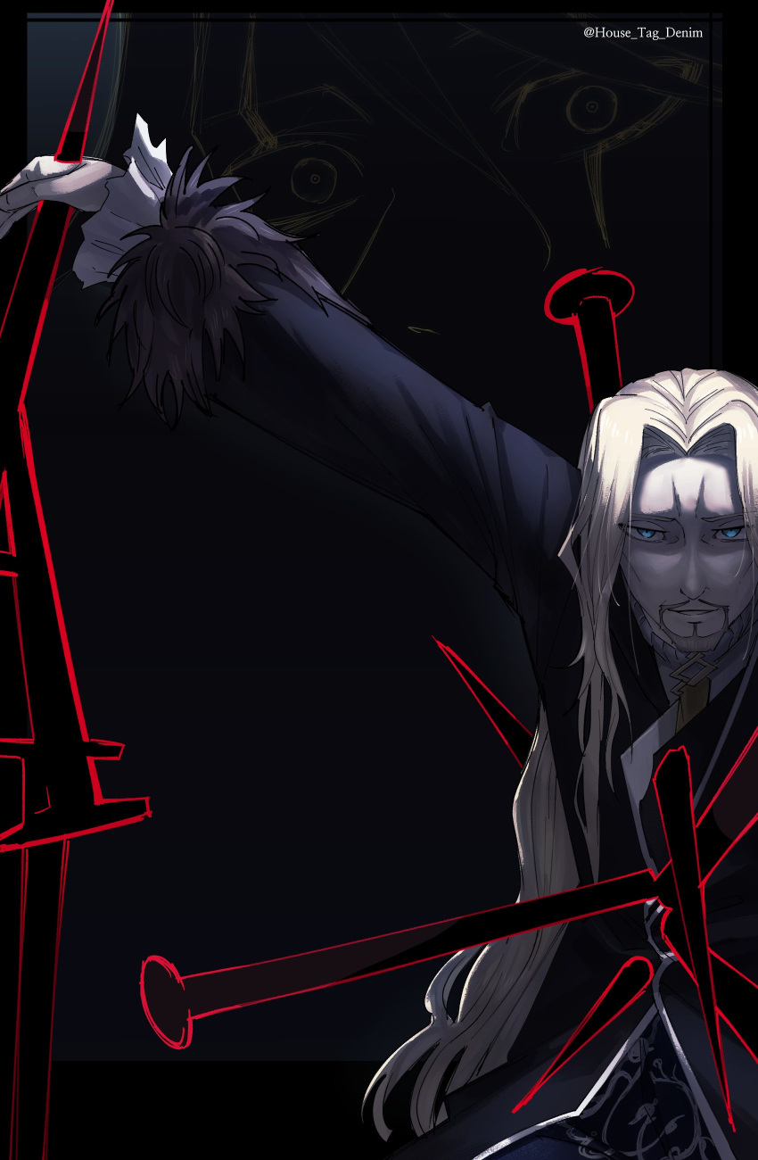 2boys absurdres arm_up bangs beard black_background black_coat blonde_hair coat commentary_request curtained_hair facial_hair fate/grand_order fate_(series) fur-trimmed_sleeves fur_trim highres house_tag_denim impaled james_moriarty_(ruler)_(fate) korean_commentary long_hair looking_at_viewer male_focus mature_male multiple_boys nail parted_bangs parted_lips simple_background smile solo_focus sweater turtleneck turtleneck_sweater twitter_username upper_body vlad_iii_(fate/apocrypha) white_sweater