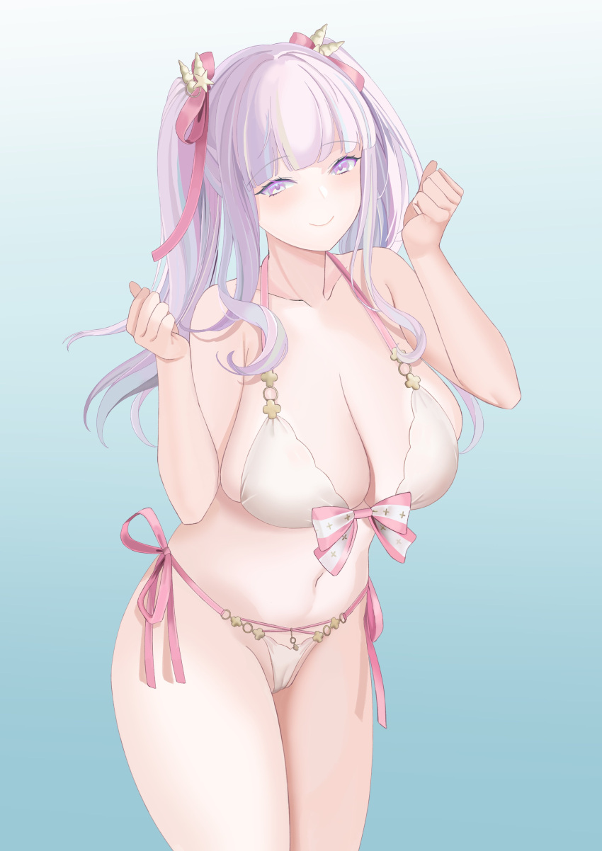 1girl absurdres aqua_background azur_lane bangs bare_shoulders between_legs bikini blush bow bow_bikini breasts cleavage clenched_hands closed_mouth collarbone gradient gradient_background hair_ornament hair_ribbon highres huge_breasts long_hair looking_at_viewer navel pink_bow pink_ribbon plymouth_(azur_lane) plymouth_(heart-throbbing_refreshment)_(azur_lane) purple_eyes purple_hair ribbon side-tie_bikini_bottom smile solo standing star_(symbol) star_hair_ornament stomach swimsuit tail tail_between_legs thighs tnr_(horiko1525) twintails white_bikini