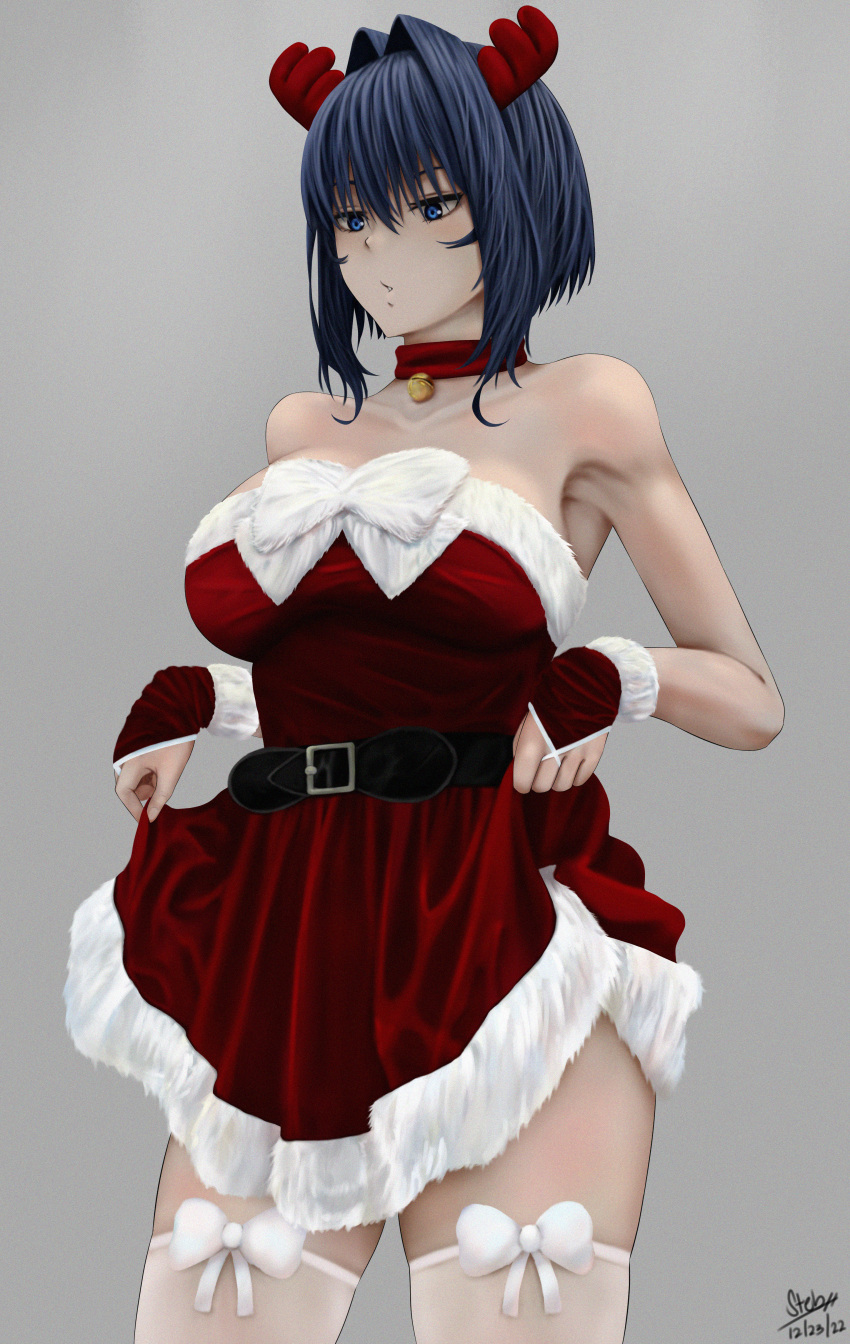 1girl absurdres alternate_costume bell belt black_hair bow breasts choker christmas clothes_lift dress dress_lift fake_antlers fur-trimmed_dress fur-trimmed_gloves fur_trim gloves hair_intakes highres holocouncil hololive hololive_english large_breasts lifted_by_self neck_bell ouro_kronii red_choker red_dress red_gloves santa_dress santa_gloves short_hair solo steb thighhighs virtual_youtuber