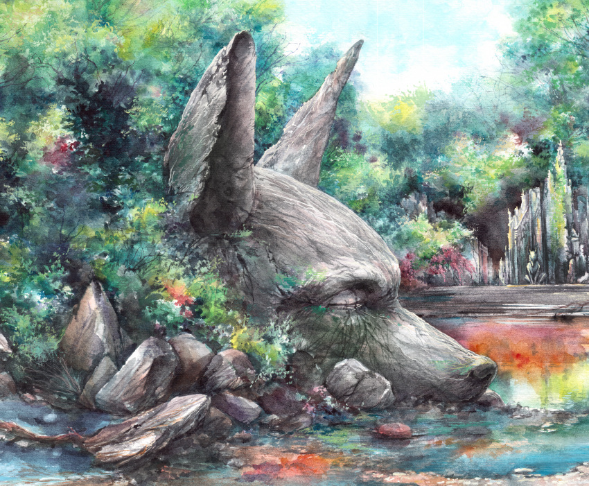 absurd_res canid canine elkir forest fox hi_res huge_filesize lake liana_(plant) mammal painting_(artwork) plant pond rock ruins sculpture statue traditional_media_(artwork) tree watercolor_(artwork) zero_pictured