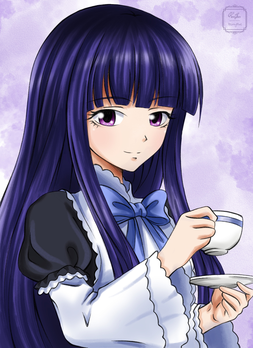 1girl absurdres bangs blue_bow blunt_bangs bow cup faux_traditional_media frederica_bernkastel highres hime_cut holding holding_cup holding_saucer juliet_sleeves long_hair long_sleeves puffy_sleeves purple_eyes purple_hair remyfive saucer smile solo teacup umineko_no_naku_koro_ni upper_body watercolor_effect wide_sleeves