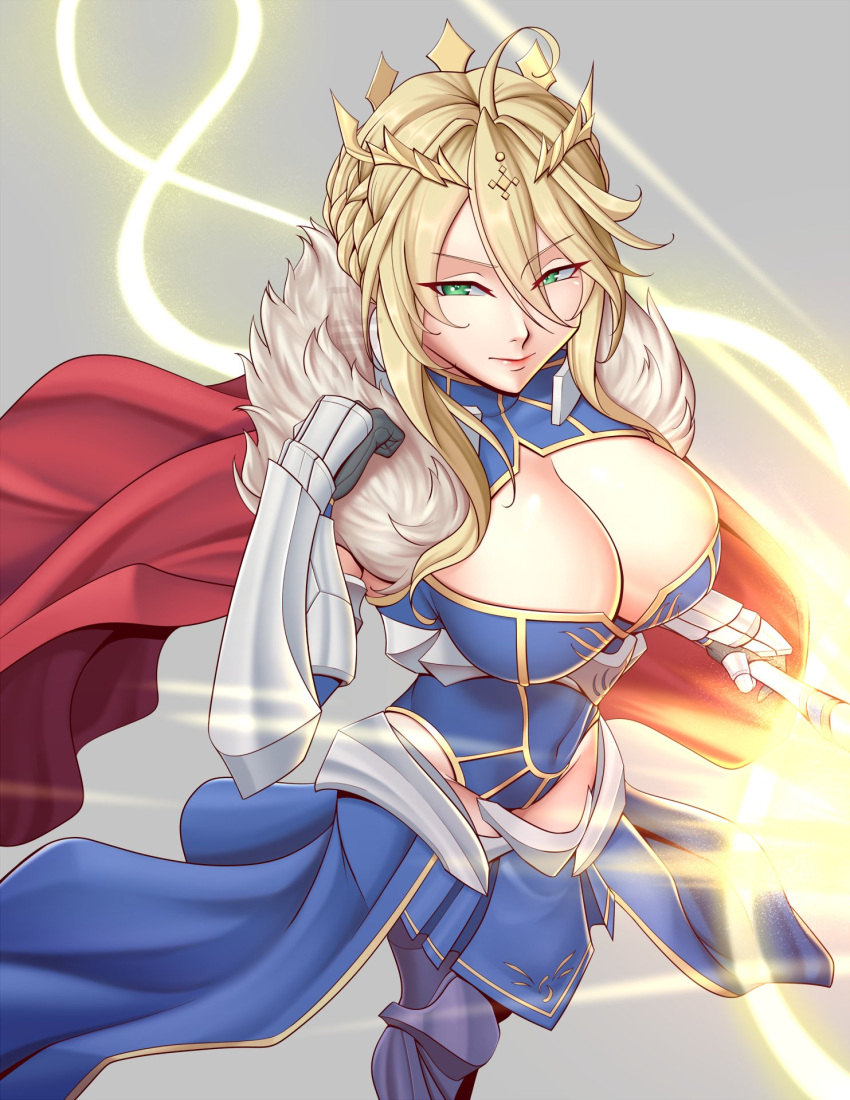 armor artoria_pendragon_(fate) artoria_pendragon_(lancer)_(fate) artoria_pendragon_(lancer)_(first_ascension)_(fate) bangs blonde_hair blue_dress braid breasts cape cleavage cleru_(cleruuuuu) covered_navel crown dress fate/grand_order fate_(series) from_above fur-trimmed_dress fur_trim gauntlets highres holding holding_polearm holding_weapon large_breasts leg_armor light polearm red_cape smile weapon