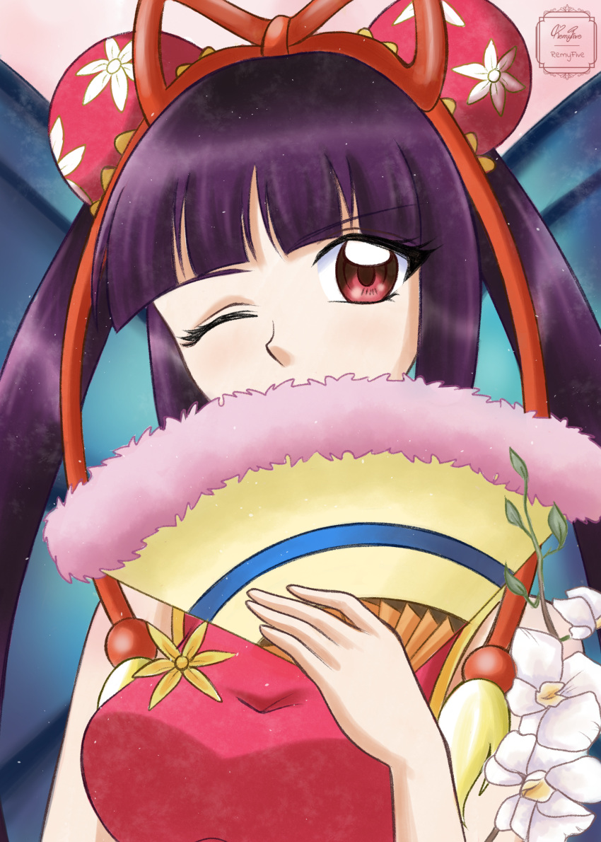 1girl absurdres artist_name bangs breasts bun_cover chinese_clothes covering_mouth double_bun flower folding_fan hair_bun hand_fan highres holding holding_fan lanhua medium_breasts mermaid_melody_pichi_pichi_pitch one_eye_closed purple_hair red_eyes remyfive sidelocks sleeveless solo twintails upper_body watermark