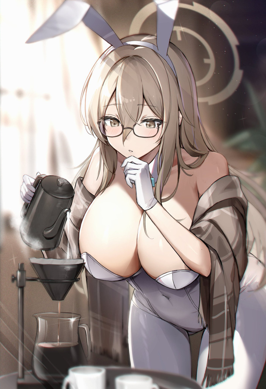 1girl akane_(blue_archive) akane_(bunny)_(blue_archive) ass_visible_through_thighs bangs bare_shoulders black-framed_eyewear blue_archive blue_bow blue_bowtie blurry blurry_background bow bowtie breasts brown_eyes brown_hair brown_shawl cleavage coffee coffee_filter coffee_mug coffee_pot collar covered_navel cowboy_shot cup depth_of_field detached_collar fringe_trim glasses gloves hair_between_eyes halo hand_on_own_chin highres indoors kagerou_(gigayasoma) large_breasts leaning_forward leotard long_bangs long_hair looking_at_object mug official_alternate_costume pantyhose parted_lips plaid_shawl playboy_bunny shawl sidelocks solo thighs white_collar white_gloves white_leotard white_pantyhose