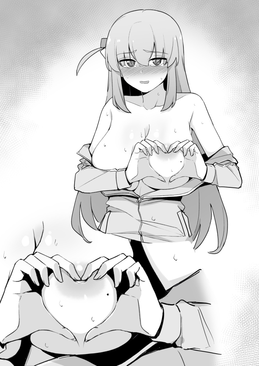 1girl @_@ alternate_breast_size bangs bare_shoulders blush bocchi_the_rock! breasts breasts_out close-up collarbone commentary cube_hair_ornament embarrassed gotou_hitori gradient gradient_background greyscale hair_between_eyes hair_ornament half-closed_eyes hands_up heart heart-shaped_boob_challenge heart_hands highres jacket large_areolae large_breasts liyoosa long_hair long_sleeves looking_at_viewer mole mole_on_breast monochrome multiple_views nervous_smile nipples no_shirt nose_blush off_shoulder one_side_up open_mouth own_hands_together shiny shiny_skin sidelocks simple_background smile sweat tears textless_version track_jacket upper_body white_background zipper_pull_tab