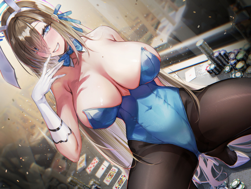 1girl animal_ears asuna_(blue_archive) asuna_(bunny)_(blue_archive) bangs bare_shoulders black_pantyhose blue_archive blue_bow blue_bowtie blue_leotard blush bow bowtie breasts brown_hair card cleavage commentary_request covered_navel detached_collar eichi elbow_gloves fake_animal_ears gloves grin hair_ornament hairband halo hand_up highres large_breasts leotard long_hair looking_at_viewer mole mole_on_breast pantyhose parted_lips playboy_bunny playing_card poker_chip rabbit_ears sideboob smile solo spread_legs teeth thighs white_gloves white_hairband
