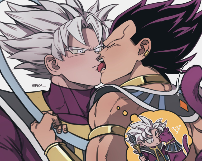2boys bracelet closed_eyes closed_mouth dragon_ball dragon_ball_super egyptian_clothes fecaa highres jewelry licking licking_another's_face looking_at_another male_focus monkey_tail multiple_boys muscular muscular_male purple_hair short_hair son_goku spiked_hair tail tongue tongue_out twitter_username ultra_ego_(dragon_ball) ultra_instinct upper_body vegeta white_hair yaoi