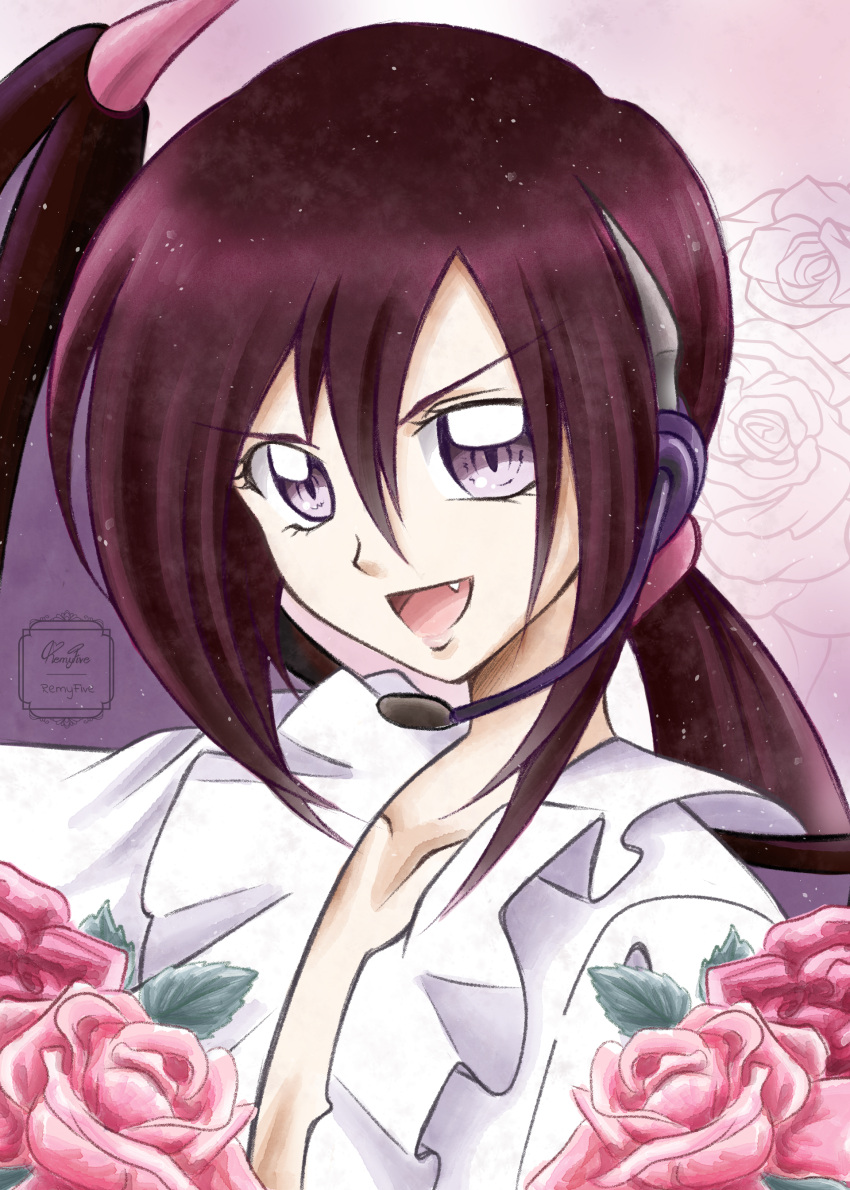 1boy absurdres androgynous artist_name fang flower headset highres lady_bat long_hair male_focus mermaid_melody_pichi_pichi_pitch open_mouth pink_flower pink_rose ponytail purple_eyes red_hair remyfive rose signature smile solo wings