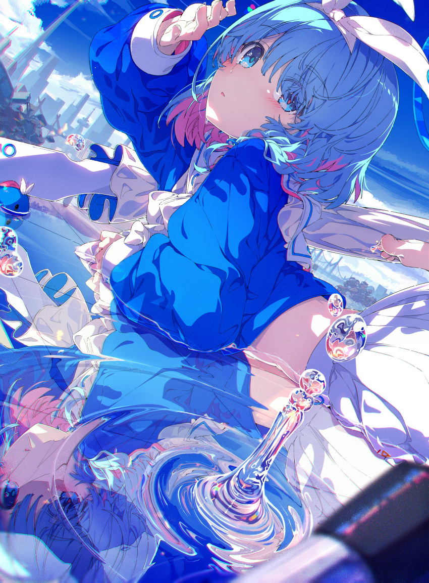 1girl absurdres arona_(blue_archive) bangs blue_archive blue_eyes blue_hair blue_serafuku blue_shirt blush bow bow_hairband braid colored_inner_hair hair_over_one_eye hairband highres light_blue_hair long_sleeves looking_at_viewer multicolored_hair ogipote pink_hair reflection reflective_water sailor_collar school_uniform serafuku shirt single_braid skirt water water_drop wet white_bow white_hairband white_sailor_collar white_skirt
