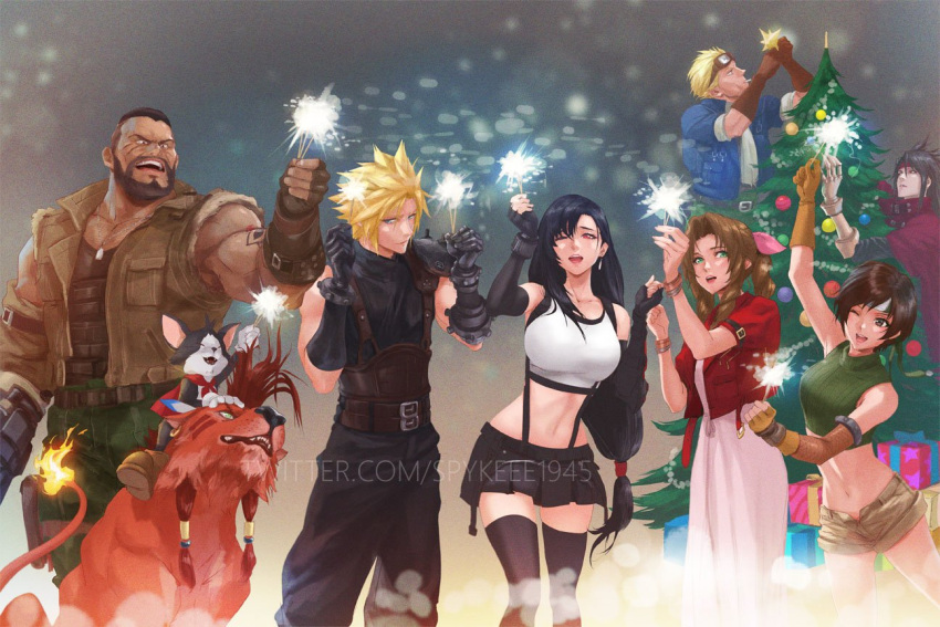 3girls 5boys aerith_gainsborough animal armor bangs bare_shoulders barret_wallace black_gloves black_hair black_skirt black_thighhighs blonde_hair blue_eyes blue_jacket bracelet breasts brown_gloves brown_hair brown_vest cait_sith_(ff7) cat christmas christmas_lights christmas_ornaments christmas_present christmas_tree cid_highwind cigarette clawed_gauntlets cloak cloud_strife crop_top cropped_jacket cropped_sweater dark-skinned_male dark_skin dress earrings elbow_gloves facial_hair final_fantasy final_fantasy_vii final_fantasy_vii_remake fingerless_gloves fireworks gift gloves goggles goggles_on_head green_eyes hair_behind_ear hair_ribbon hands_up happy headband holding_fireworks jacket jewelry large_breasts long_hair low-tied_long_hair medium_breasts midriff multiple_boys multiple_girls navel one_eye_closed open_mouth parted_bangs pink_dress pink_ribbon red_cloak red_eyes red_headband red_jacket red_xiii ribbon short_hair shorts shoulder_armor sidelocks single_earring single_sidelock skirt sleeveless sleeveless_turtleneck small_breasts smile sparkler spiked_hair spykeee standing suspender_skirt suspenders sweater swept_bangs tank_top thighhighs tifa_lockhart turtleneck turtleneck_sweater twitter_username vest vincent_valentine watermark white_tank_top yuffie_kisaragi zettai_ryouiki