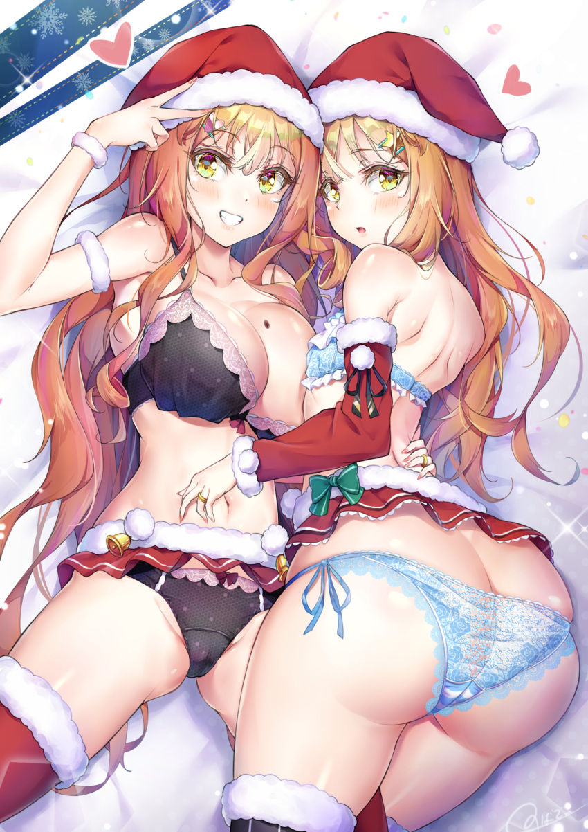 1boy 1girl ass bangs bed_sheet black_bra black_thighhighs blue_bra blue_panties blush bra bra_slip breasts butt_crack christmas commentary_request gauntlets grin hair_ornament hand_on_another's_hip hat heart highres jewelry large_breasts long_hair looking_at_viewer lying mole mole_on_breast nail_polish natsusora_aona natsusora_wakana navel novady on_side open_mouth orange_hair original otoko_no_ko panties pleated_skirt red_skirt red_thighhighs ring santa_costume santa_hat siblings side-tie_panties skirt smile star_(symbol) star_hair_ornament teeth thighhighs underwear v wavy_hair yellow_eyes