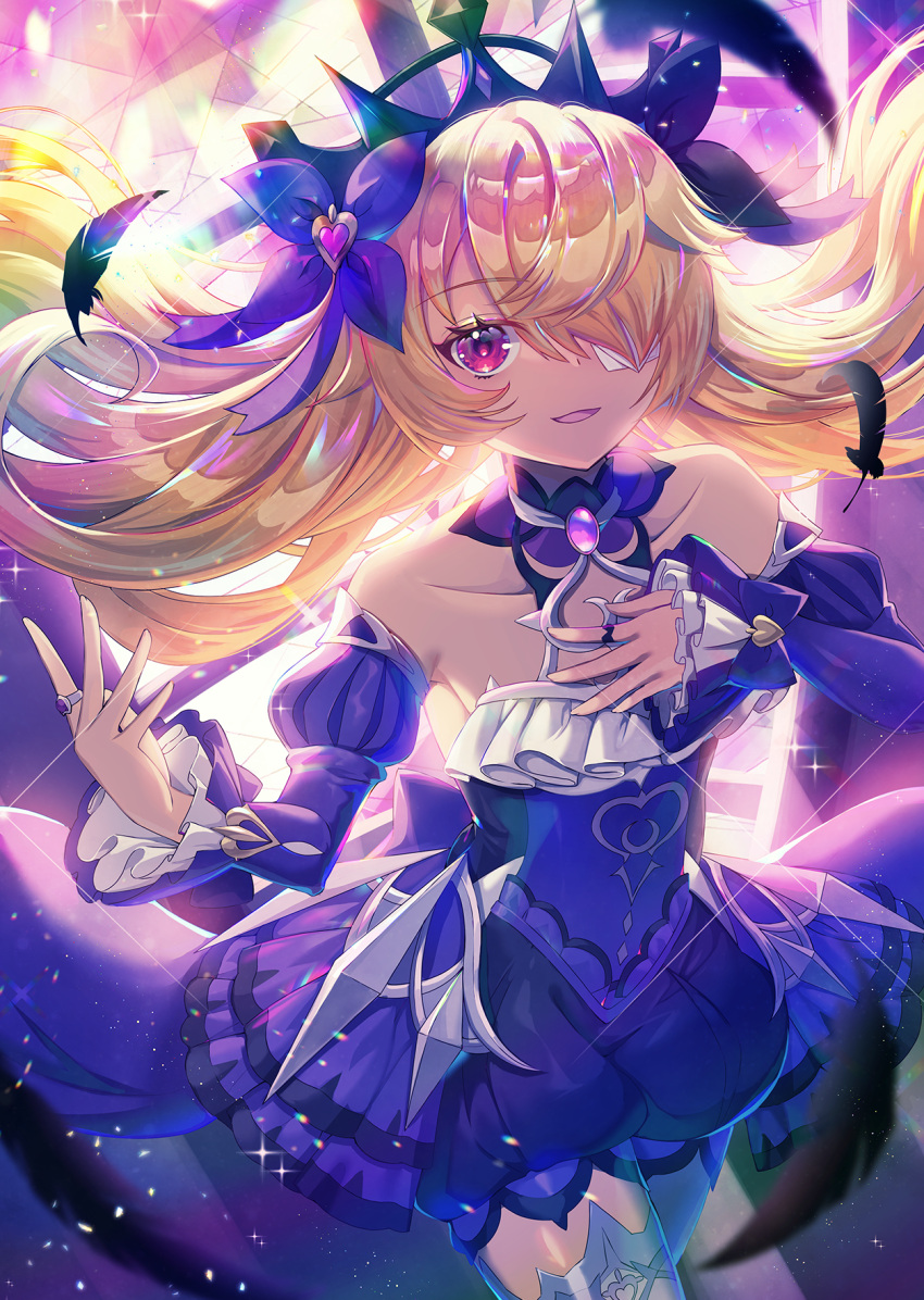 bare_shoulders bird black_feathers blonde_hair bow bowtie breasts chuunibyou collar crow crown detached_sleeves dress eyepatch feathers fischl_(genshin_impact) frilled_dress frills genshin_impact glitter hair_ribbon hand_on_own_chest high_heels highres jewelry long_hair princess_dress purple_bow purple_bowtie purple_ribbon raymond_busujima red_eyes ribbon ring shiny single_thighhigh small_breasts thighhighs two_side_up vision_(genshin_impact) white_thighhighs