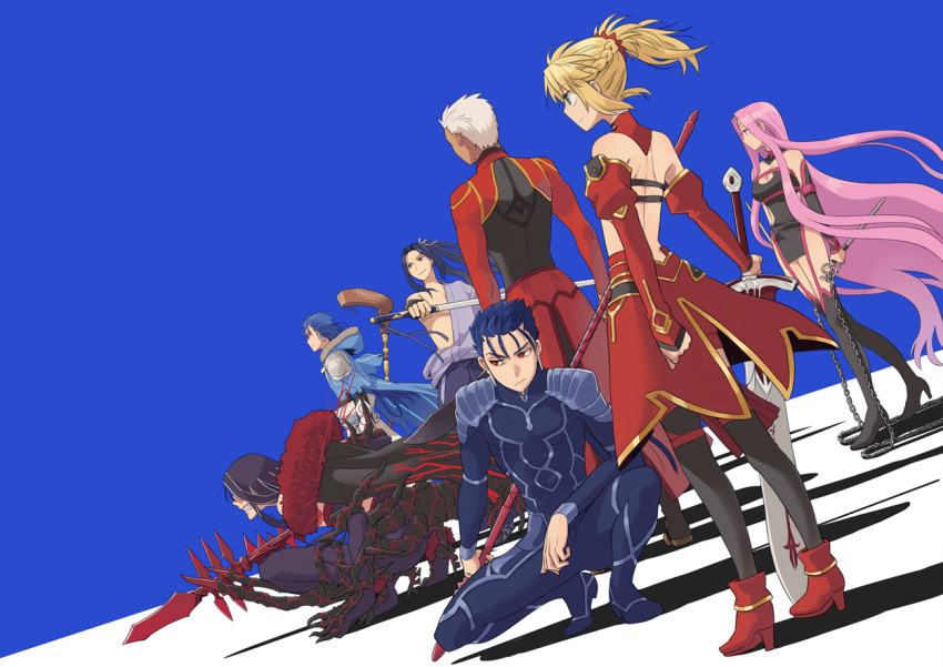 2girls 5boys archer_(fate) blonde_hair blue_hair cu_chulainn_(caster)_(fate) cu_chulainn_(fate) cu_chulainn_(fate/stay_night) cu_chulainn_alter_(fate) fate_(series) medusa_(rider)_(third_ascension)_(fate) mordred_(fate) mordred_(fate/apocrypha) multiple_boys multiple_girls nameless_dagger_(fate) ooba pink_hair red_eyes sasaki_kojirou_(fate) white_hair