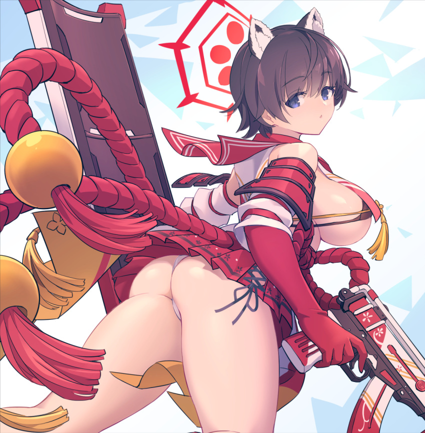 1girl animal_ears bangs black_bra black_eyes black_hair blue_archive blush bra breasts chingisu crop_top crop_top_overhang elbow_gloves gloves gun hair_between_eyes halo highres hip_vent large_breasts looking_at_viewer micro_bra miniskirt open_mouth raccoon_ears red_gloves red_sailor_collar red_skirt riot_shield sailor_collar shield short_hair sideless_outfit simple_background skirt skorpion_vz._61 solo string_bra submachine_gun tassel thighs tsubaki_(blue_archive) underboob underwear weapon