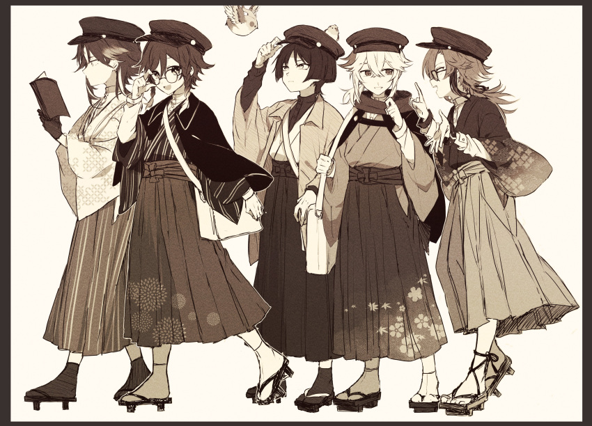 6+boys absurdres bird bishounen black_gloves book full_body genshin_impact geta glasses gloves hat highres japanese_clothes kaedehara_kazuha kimono male_focus monochrome multicolored_hair multiple_boys ryu_genshin77 sandals scaramouche_(genshin_impact) shikanoin_heizou short_hair simple_background smile streaked_hair venti_(genshin_impact) wanderer_(genshin_impact) xiao_(genshin_impact)