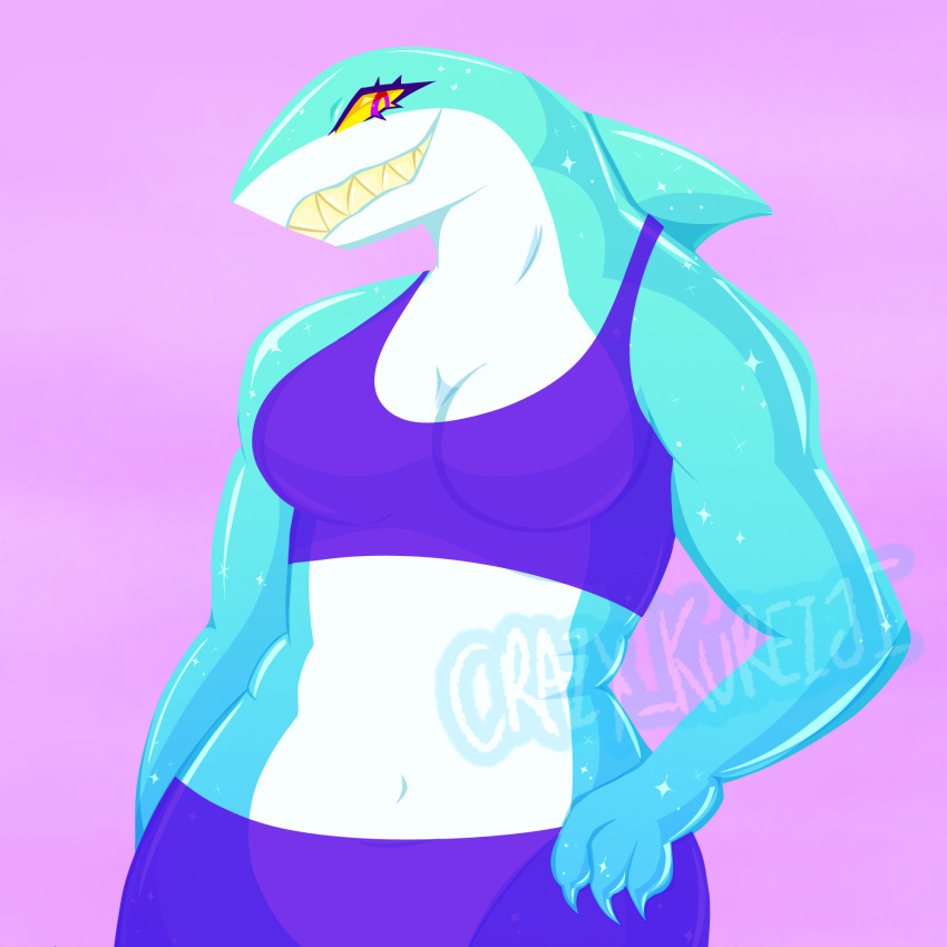 anthro belly blue_body blue_shark blue_skin bra claws clothed clothing crazy_guy_(artist) female fish glistening glistening_body gradient_body hi_res looking_at_viewer marine partially_clothed purple_eyes requiem_shark shark sharp_claws sharp_teeth smile solo sports_bra sportswear teeth underwear white_belly white_body white_skin