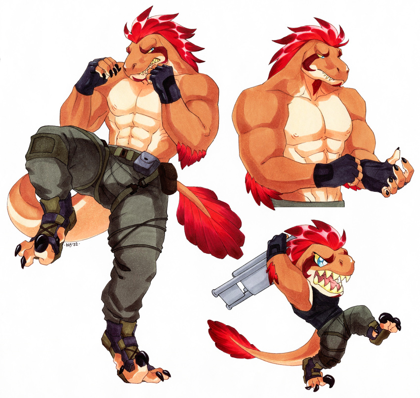 abs anthro boots chibi claws clothing dinosaur dromaeosaurid elbow_tuft eye_markings fatigues feathered_dinosaur feathers fighting_pose fingerless_gloves folding_chair footwear gloves hair handwear hi_res light_belly male markings max(summontheelectorcounts) muscular muscular_anthro muscular_male pose red_body red_feathers red_hair reptile rinkusu scalie shirtless_male solo tail_tuft talons theropod toeless_boots toeless_footwear tuft velociraptor