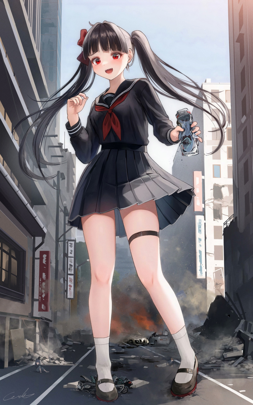 1girl absurdres bangs black_footwear black_hair black_sailor_collar black_serafuku black_shirt black_skirt blue_sky building car city commission giant giantess ground_vehicle highres loafers long_hair long_sleeves motor_vehicle neckerchief open_mouth original outdoors pleated_skirt red_eyes red_neckerchief sailor_collar school_uniform serafuku sharp_teeth shirt shoes signature skeb_commission skirt sky smile socks teeth thigh_strap twintails welt_(kinsei_koutenkyoku) white_socks