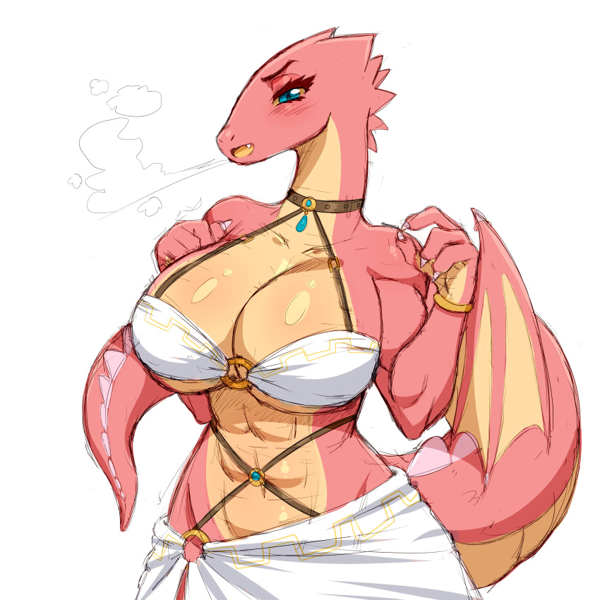 abs absurd_res anthro big_breasts breasts cleavage clothed clothing dragon female hi_res membrane_(anatomy) membranous_wings pink_body scalie simmsyboy simple_background solo white_background wings