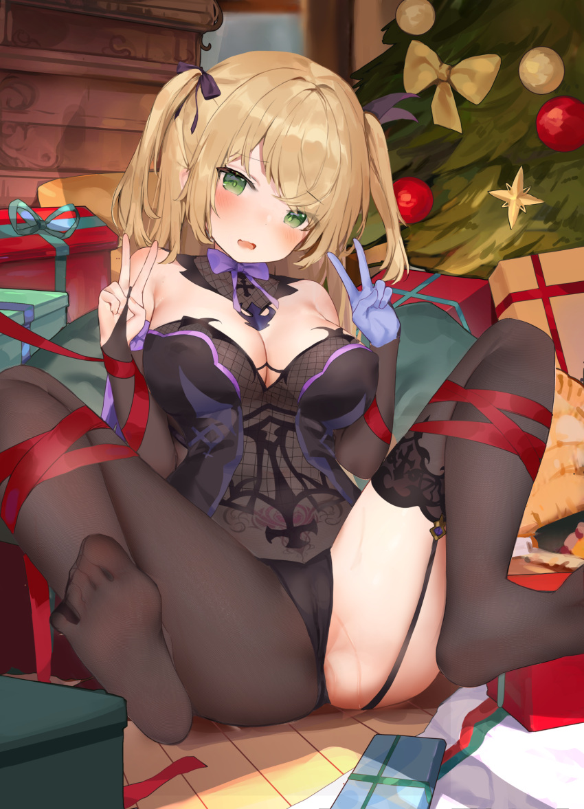 1girl absurdres blonde_hair breasts cameltoe christmas christmas_tree cleavage double_v feet fischl_(genshin_impact) green_eyes highres lanyingchengzhi legs_up looking_at_viewer no_eyepatch red_ribbon ribbon see-through see-through_legwear single_leg_pantyhose single_thighhigh soles solo spread_legs thighhighs toes v