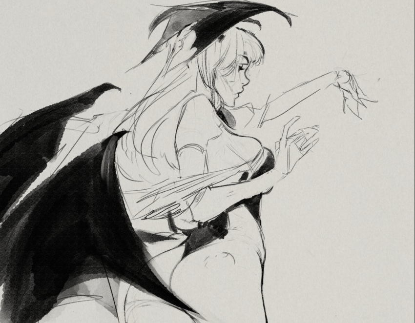 1girl ass bangs bare_shoulders black_leotard black_wings breasts bridal_gauntlets demon_girl demon_wings facing_to_the_side grey_background greyscale head_wings large_breasts leotard long_hair monochrome morrigan_aensland nabetse_zitro sideboob sketch solo strapless strapless_leotard thighs vampire_(game) wings