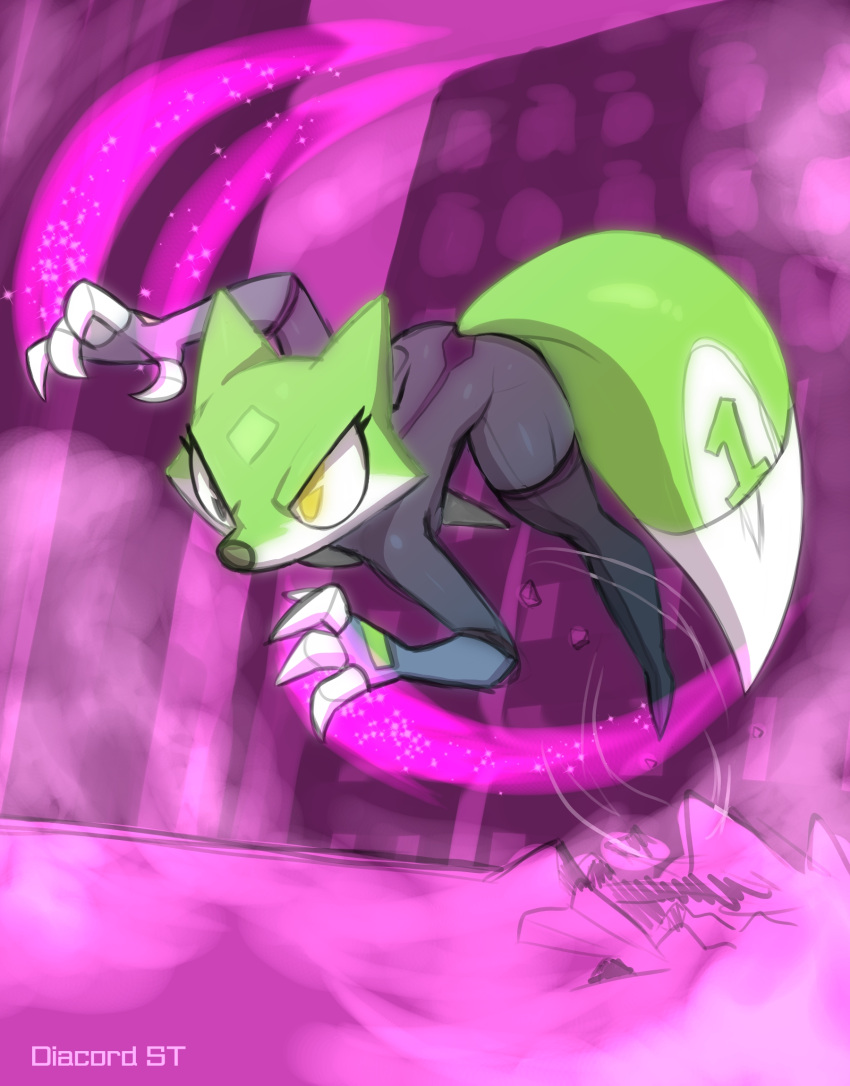 &diams; 2022 action_pose angry anthro black_bodysuit black_nose blue_eyes boots canid canine cheek_tuft claws clothed clothing countershade_face countershading diacordst dipstick_tail facial_tuft female fingerless_gloves footwear fox gloves glowing glowing_body green_body green_eyes green_glow handwear head_markings heterochromia hi_res jumping legwear mammal markings narrowed_eyes number_on_body path_lines pose solo suit_symbol tail_markings thigh_boots thigh_highs tight_clothing tuft