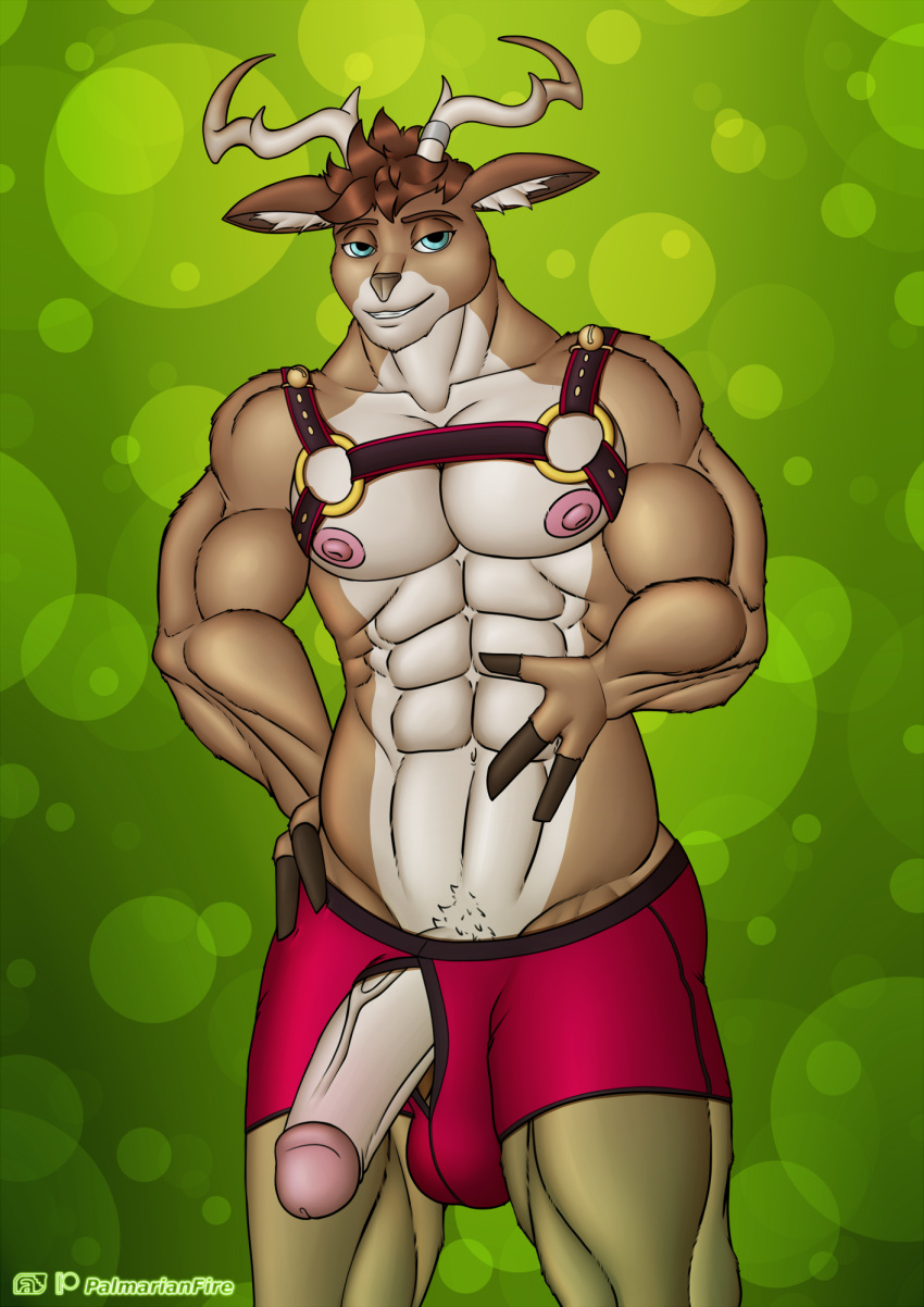 anthro antlers associated_student_bodies balls belt bulge christmas clothing dolph dolph_(fortnite) epic_games fortnite genitals hi_res holidays horn male muscular palmarianfire pecs penis solo sweater topwear underwear