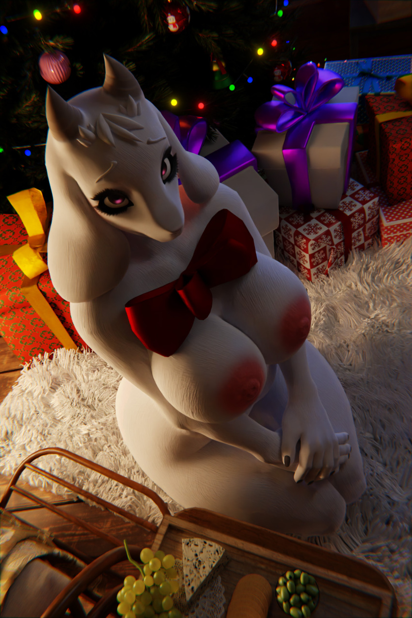 anthro big_breasts blender_(software) bovid bow_ribbon breasts caprine christmas christmas_decorations christmas_lights christmas_present christmas_tree dogzeela female fever-dreamer fur furniture gift gift_wrapped goat hair hi_res holidays horn inside kneeling looking_at_viewer looking_up mammal nipples nude plant ribbons rug ruminant solo toriel tree undertale undertale_(series) video_games white_body white_fur