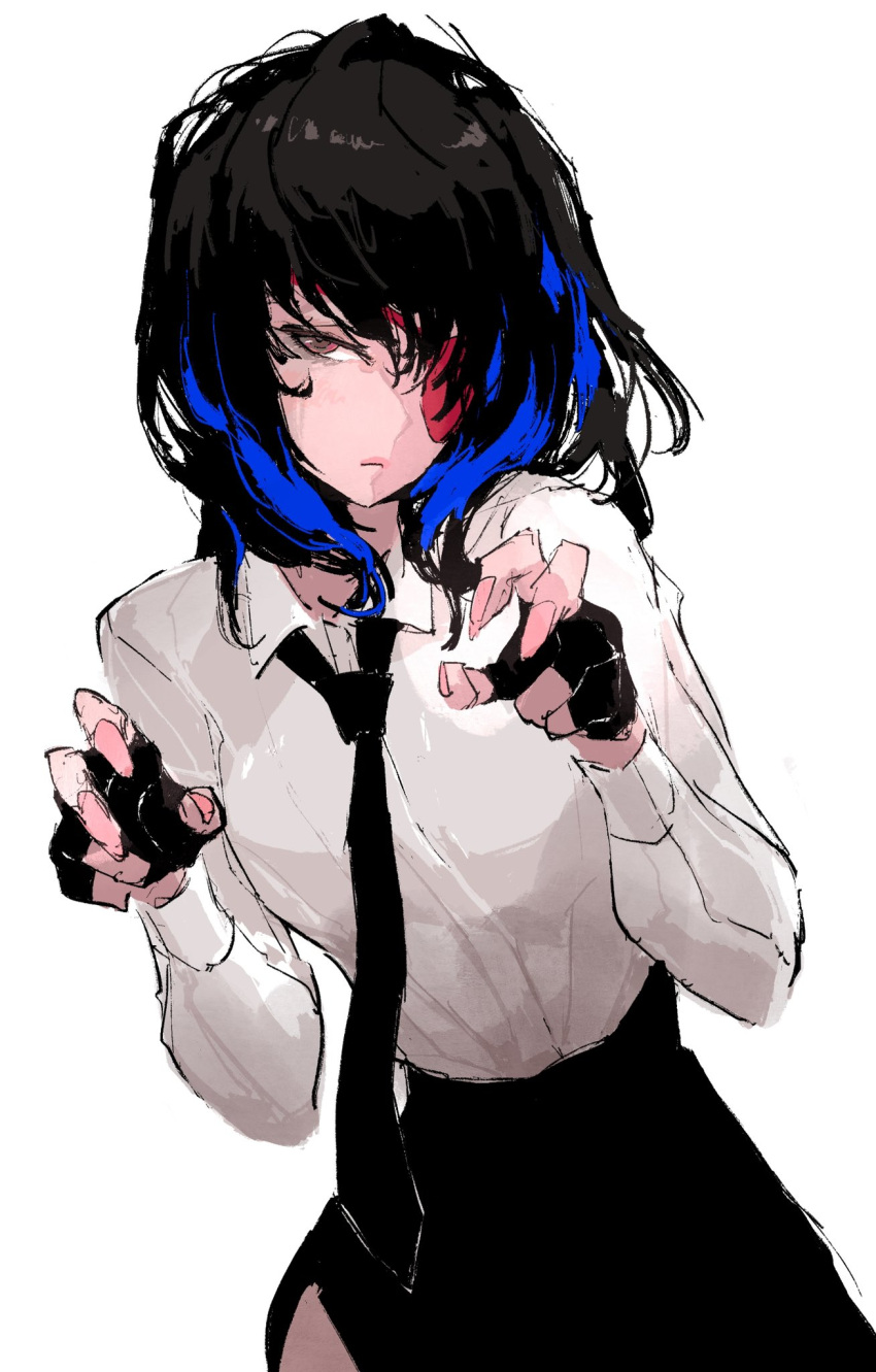 1girl black_hair dress_shirt eyepatch fingerless_gloves gloves hair_over_eyes highres multicolored_hair necktie red_eyes shirt sketch skirt solo teru_by_m white_background