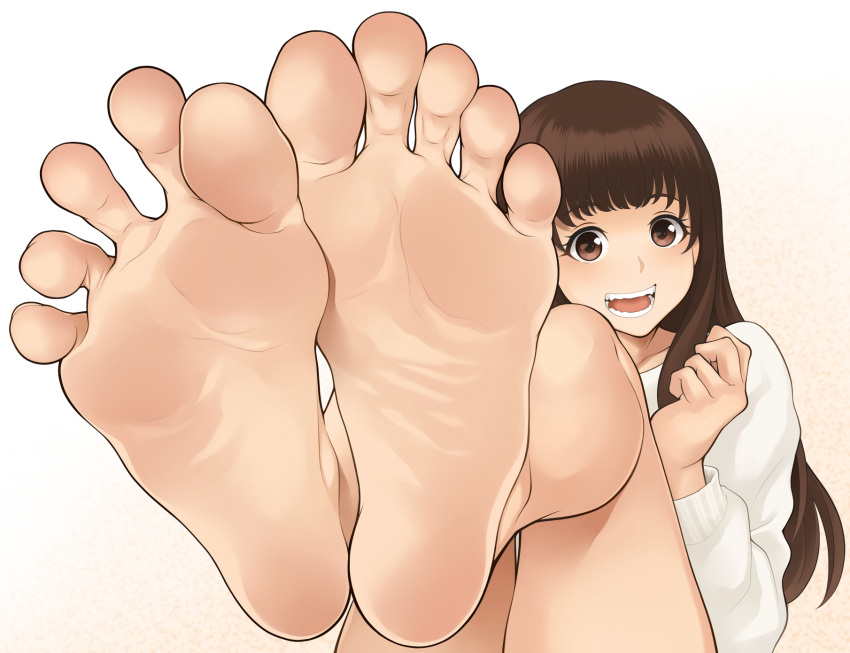 1girl :d barefoot brown_eyes brown_hair feet foot_focus greek_toe highres long_hair looking_at_viewer open_mouth original rg_(gumin) simple_background smile solo teeth toes white_background