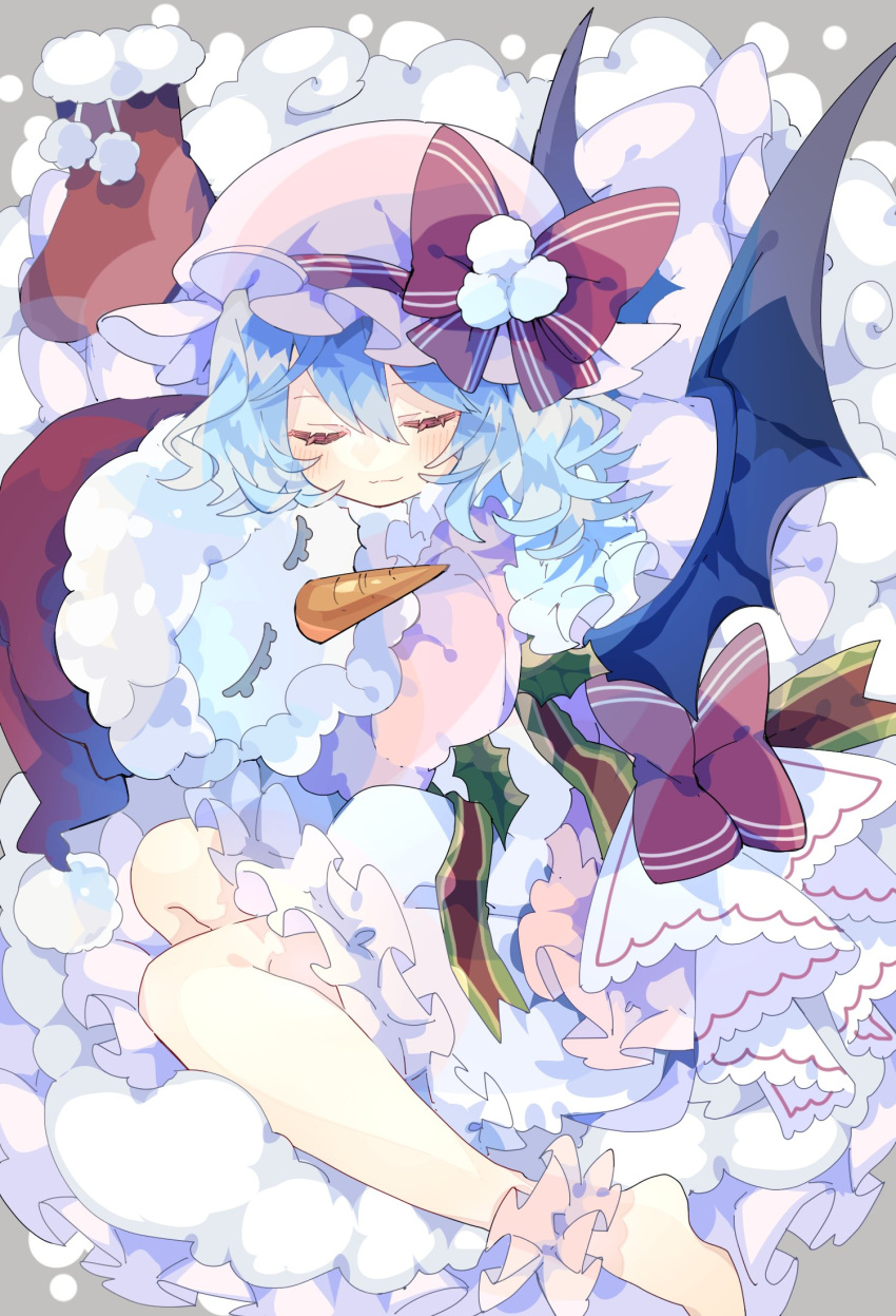 1girl bat_wings black_wings bloomers blue_hair blush bow closed_eyes closed_mouth frilled_skirt frills hair_between_eyes hat hat_ribbon highres mob_cap nikorashi-ka pink_headwear pink_shirt pink_skirt pom_pom_(clothes) red_bow red_headwear red_ribbon remilia_scarlet ribbon santa_hat shirt short_hair skirt smile snowman solo touhou underwear white_bloomers wings