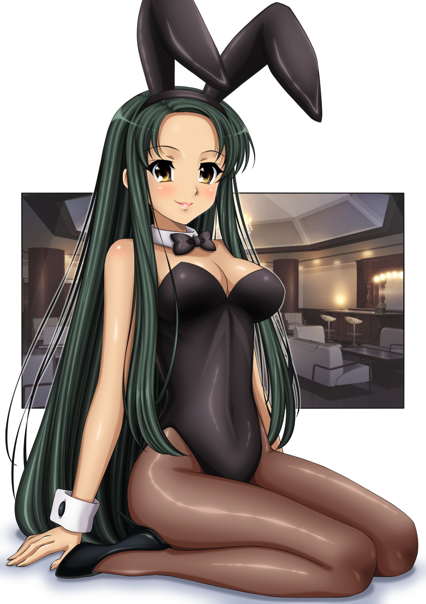 1girl absurdres alternate_costume animal_ears black_bow black_bowtie black_footwear black_hairband black_leotard bow bowtie breasts brown_pantyhose closed_mouth commentary_request cosplay couch detached_collar fake_animal_ears forehead full_body green_hair gurobeya hairband high_heels highres indoors large_breasts leotard lips long_hair looking_at_viewer pantyhose playboy_bunny rabbit_ears revealing_clothes seiza shadow simple_background sitting smile solo suzumiya_haruhi_no_yuuutsu tsuruya very_long_hair white_background wrist_cuffs