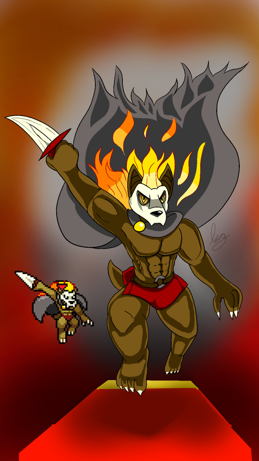 anthro bone bottomwear canid canine claws cloak clothing fire flaming_hair forsburn hi_res hyena knife loglord loincloth male mammal mask melee_weapon pseudo_hair red_eyes rivals_of_aether skull skull_mask smoke solo weapon