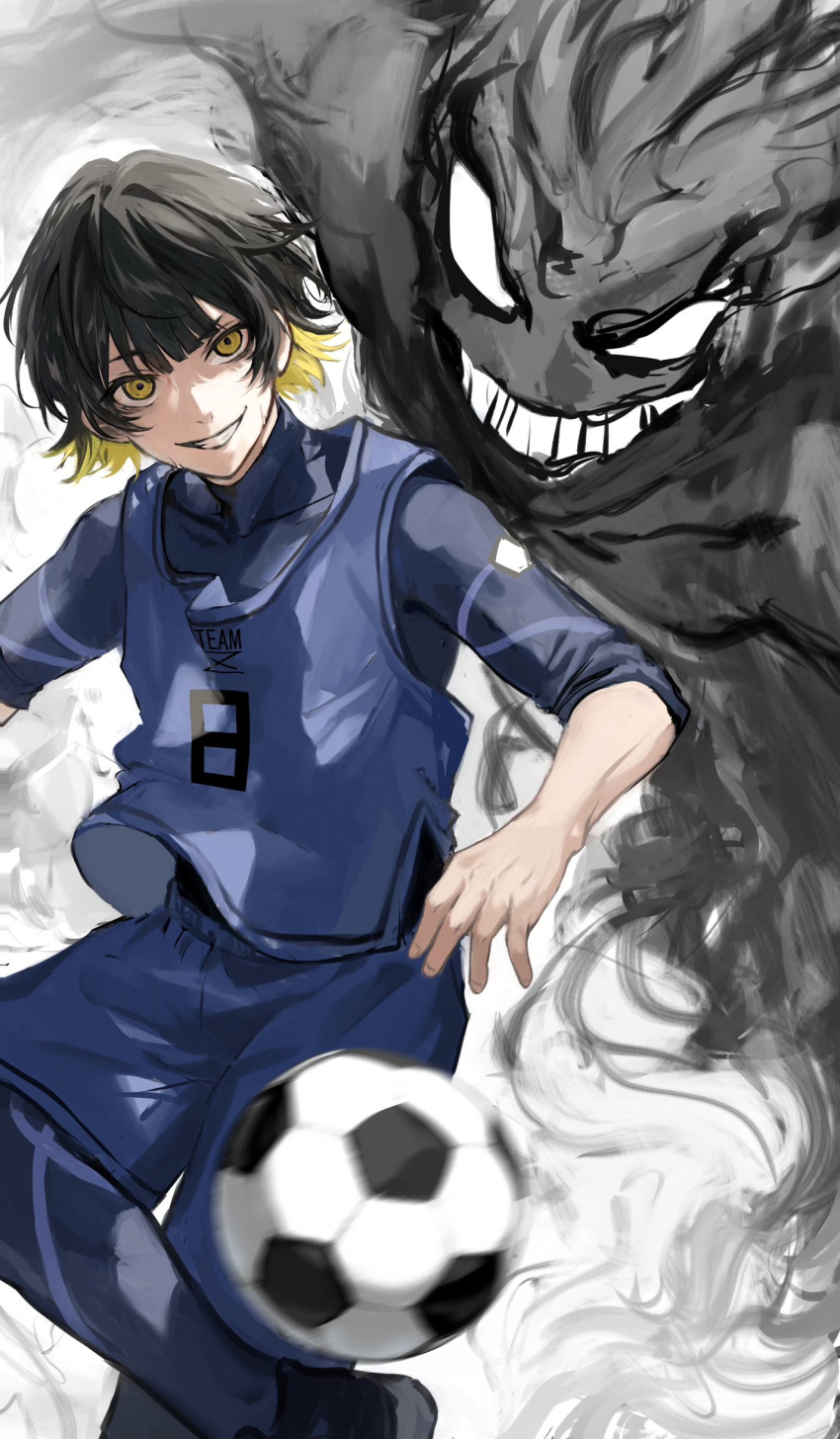 1boy absurdres bachira_meguru ball black_hair blue_lock blue_shirt blue_shorts highres looking_at_viewer mukotsu8 multicolored_hair open_mouth shirt shorts sleeveless sleeveless_shirt smile soccer soccer_ball soccer_uniform solo sportswear two-tone_hair yellow_eyes