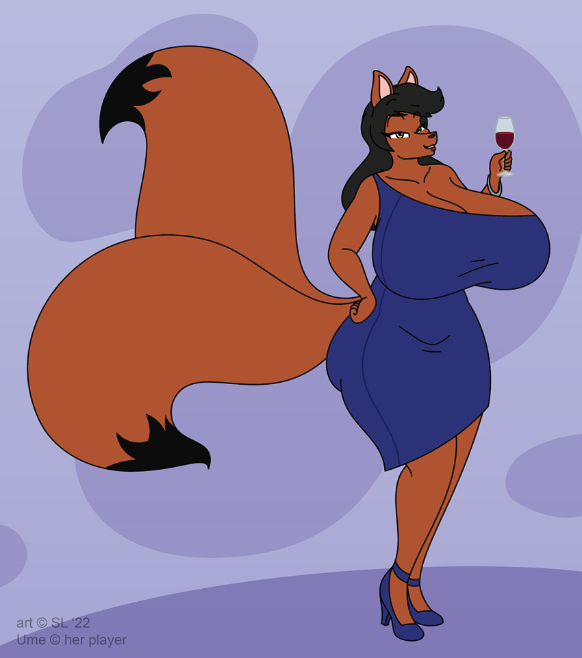 &copy; 2022 2_tails alcohol anthro bedroom_eyes beverage big_breasts black_hair blue_clothing blue_dress breasts butt canid canine clothed clothing container cup digital_media_(artwork) dress drinking_glass female footwear fox fur glass glass_container glass_cup hair hi_res high_heels huge_breasts mammal multi_tail narrowed_eyes orange_body orange_fur satsumalord seductive smile smiling_at_viewer solo symbol thick_thighs ume_(umecoalpaw) wine wine_glass yellow_eyes