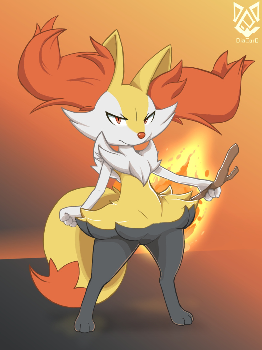 2020 ambiguous_gender anthro black_body black_nose braixen cheek_tuft chest_tuft countershade_face countershading diacordst digitigrade dipstick_tail facial_tuft fire front_view generation_6_pokemon green_eyes green_nose hi_res holding_object holding_stick inner_ear_fluff looking_at_viewer markings multicolored_body nintendo nude pokemon pokemon_(species) simple_background standing stick tail_markings tuft white_body yellow_body