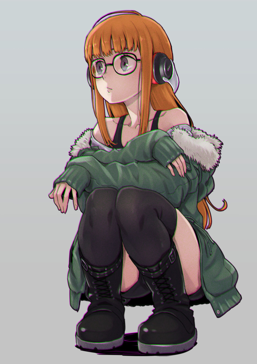 1girl behind-the-head_headphones black-framed_eyewear black_footwear black_shorts black_thighhighs brown_hair closed_mouth coat crossed_arms full_body fur glasses green_coat grey_background grey_eyes headphones highres long_hair long_sleeves looking_to_the_side off_shoulder persona persona_5 sakura_futaba short_shorts shorts simple_background solo squatting straight_hair thighhighs very_long_hair yazwo