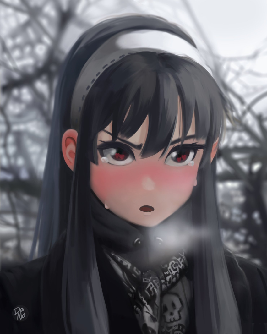 1girl bangs bare_tree black_hair black_jacket blush dana_(ocana_dana) headband highres huffing jacket long_hair open_mouth photo-referenced red_eyes scar snow solo spy_x_family sweat tree white_headband yor_briar