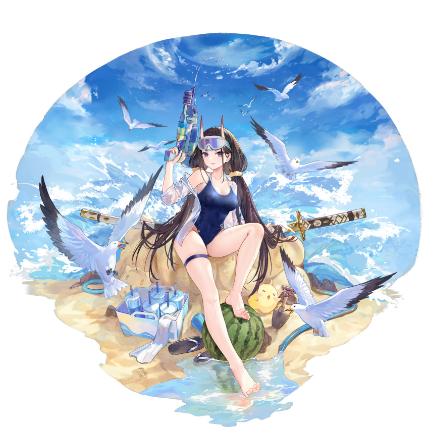 1girl animal artist_request azur_lane bangs bare_shoulders barefoot bird black_hair blue_sky breasts cleavage cloud cloudy_sky collarbone covered_navel day food fruit full_body goggles goggles_on_head hair_ornament hair_scrunchie hand_up highres holding horns hose long_hair looking_at_viewer low_twintails manjuu_(azur_lane) medium_breasts noshiro_(azur_lane) noshiro_(unwinding_in_the_sunshine)_(azur_lane) off_shoulder official_art one-piece_swimsuit open_clothes open_shirt outdoors parted_lips purple_eyes reflection sand_sculpture sandals scrunchie seagull shiny shiny_hair shiny_skin shirt shovel simple_background sky smile solo swimsuit sword thigh_strap thighs toes twintails water water_drop water_gun watermelon weapon wet wet_clothes