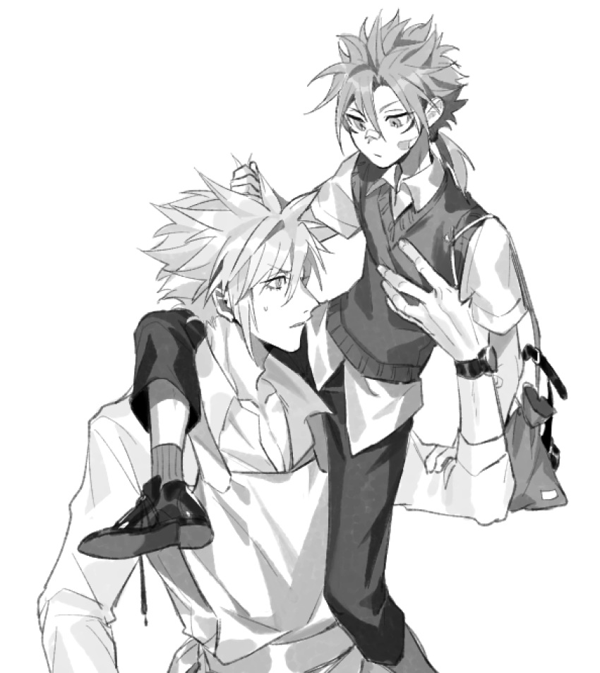 2boys aged_down alternate_costume bag bandaid bandaid_on_face bandaid_on_nose cardigan_vest cloud_strife collared_shirt dress_shoes final_fantasy final_fantasy_vii final_fantasy_vii_remake greyscale hair_between_eyes hand_in_another's_hair highres low_ponytail male_child male_focus monochrome multiple_boys pokashi reno_(ff7) school_uniform shirt short_hair_with_long_locks short_sleeves shoulder_bag sitting_on_shoulder spiked_hair sweatdrop time_paradox upper_body watch white_background white_shirt wristwatch