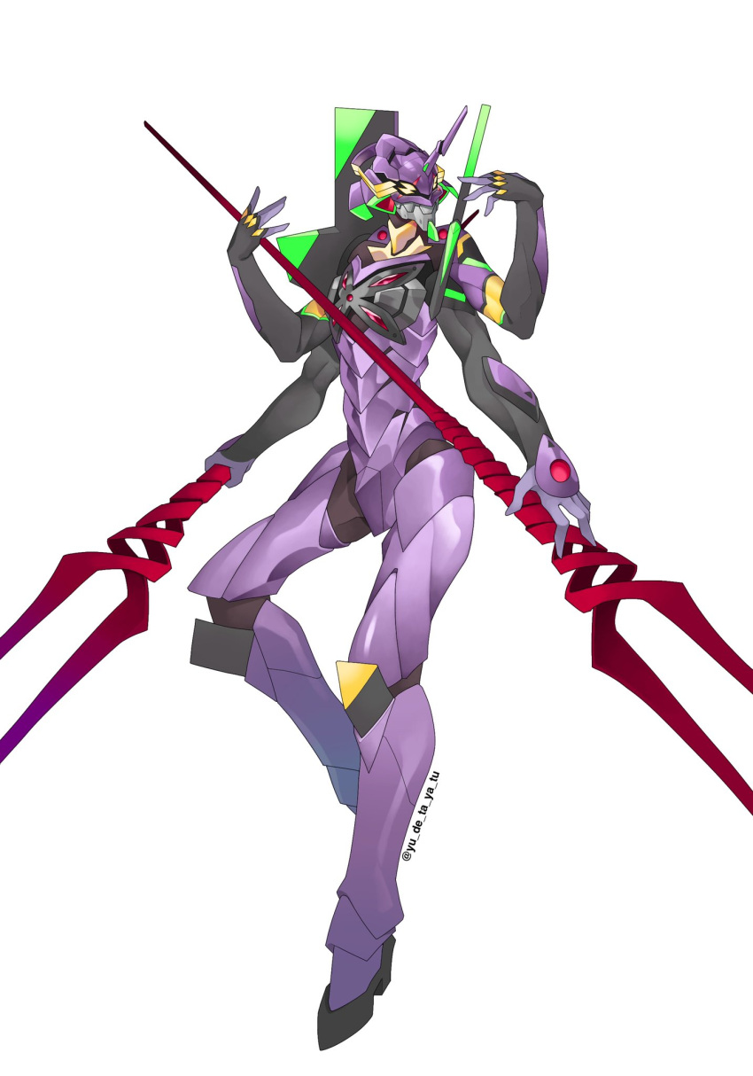 azu_(yu_de_ta_ya_tu) dual_wielding eva_13 evangelion_(mecha) extra_arms extra_eyes full_body highres holding holding_polearm holding_weapon horns lance lance_of_longinus mecha neon_genesis_evangelion no_humans polearm rebuild_of_evangelion robot science_fiction single_horn solo twitter_username weapon white_background yellow_eyes